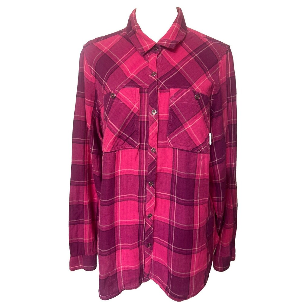 Columbia Womens XL 100% Cotton Pink Plum Plaid Button Down Roll Tab Shirt